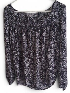 New Peace & Pearls Black & White Floral Peasant Blouse Women's Medium New